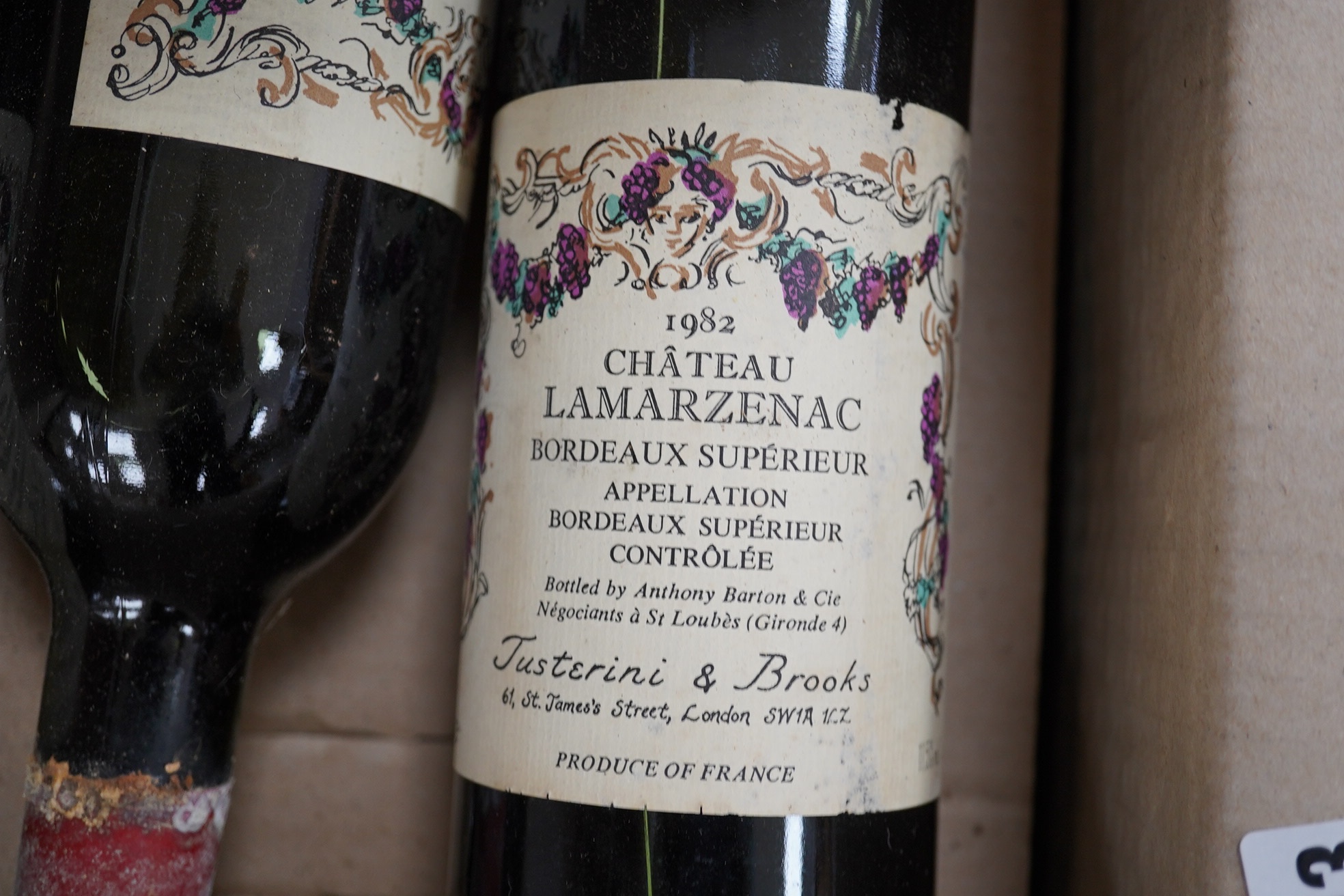 Twelve bottles of 1982 Chateau Lamarzenac Bordeaux Superieur Controlee red wine. Condition - fair, storage history unknown